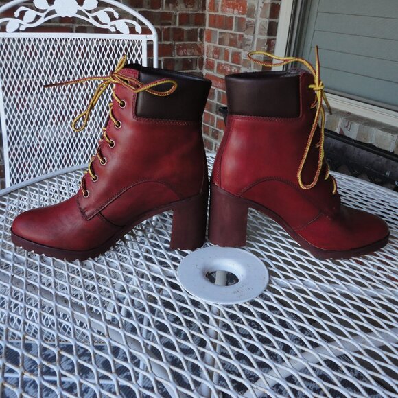 TIMBERLAND "Allington" Red Leather Block Heel Lace Up Boots Size 6.5 - Picture 2 of 8